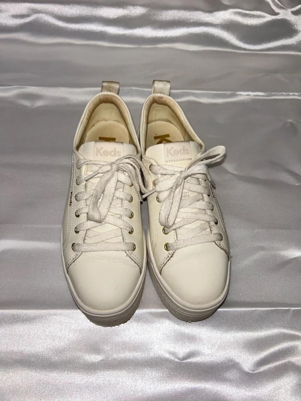 Keds Leather Cream Platform Lace-Up Sneakers | Size 7.5 EU 38 UK 5